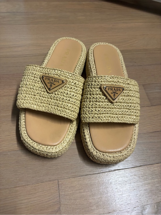 Prada Shoes - Prada Natural Raffia Slide Sandals with Triangle Logo Plaque